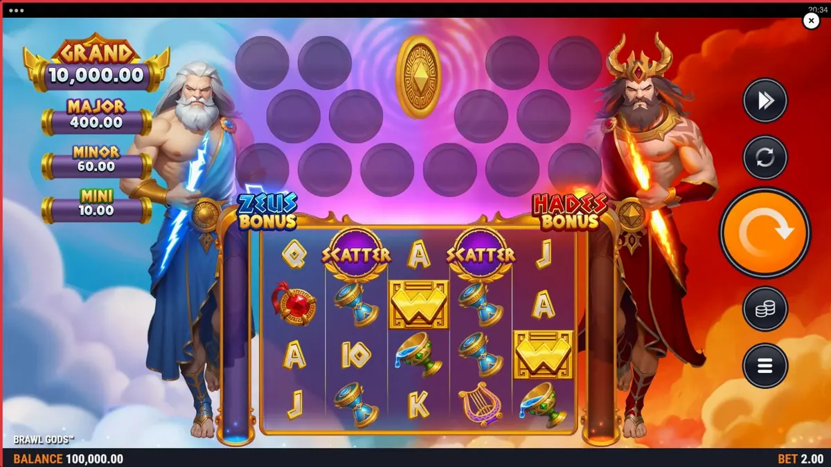 Visual pertarungan Zeus dan Hades dalam slot Brawl Gods dengan gaya neon arcade.