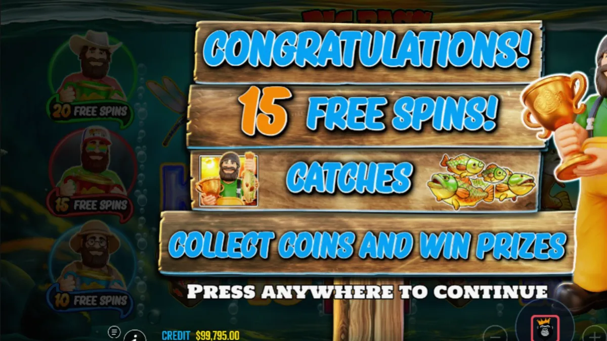 Tampilan layar permainan slot Big Bass Trophy Catch dengan tema memancing yang ikonik.