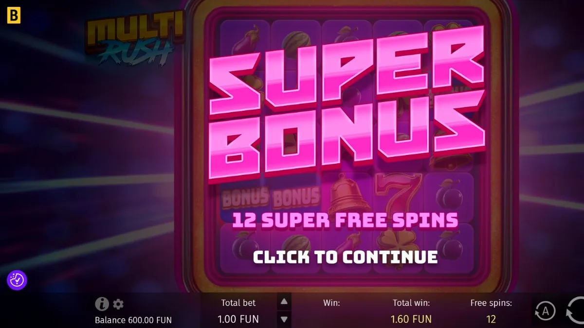 Tampilan visual slot Multi Rush dengan simbol buah neon dan fitur cluster pays