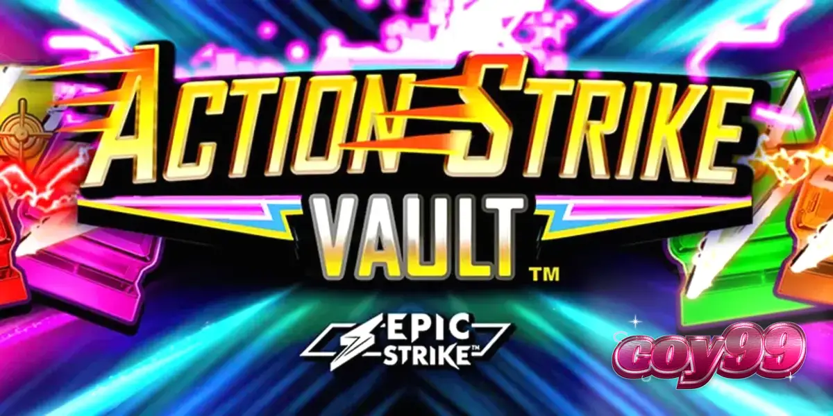 Tampilan visual slot Action Strike Vault dengan latar belakang ruang angkasa dan lampu neon kasino.