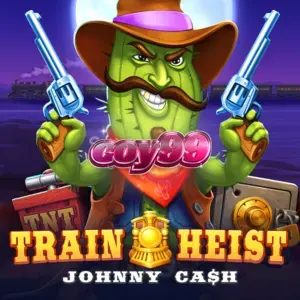 Tampilan visual slot Train Heist Johnny Cash dengan latar belakang kereta api Wild West